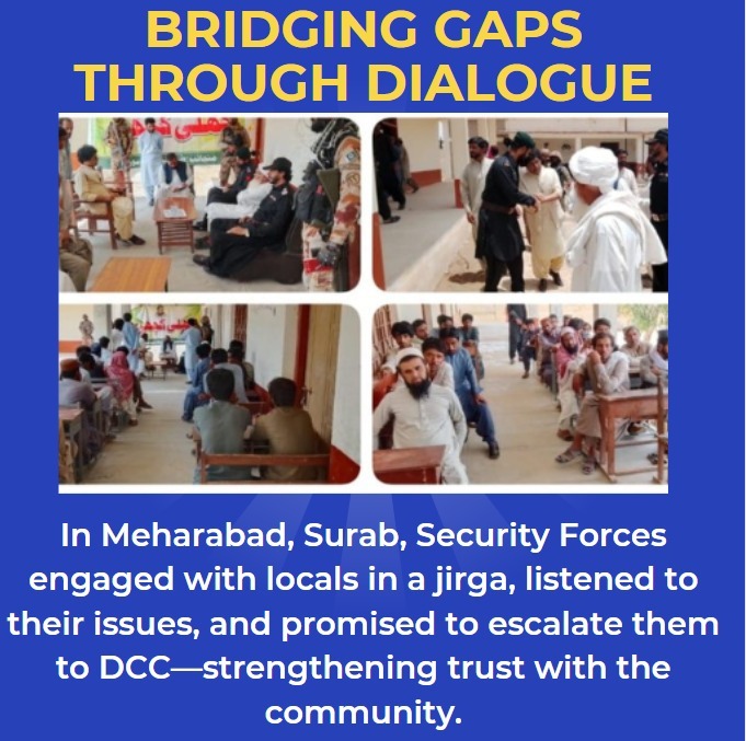 ArbishSidiqui's tweet image. Bridging gaps through dialogue
In Meharabad, Surab, Security Forces engaged with locals in a jirga, listened to their issues, and promised to escalate them to DCC—strengthening trust with the community.
#Balochistan
#CommunityDialogue
#PublicEngagement
#JirgaForPeace
@BSCBWP