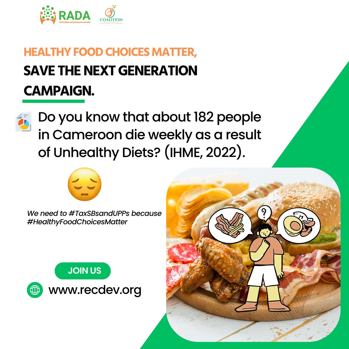 In Cameroon, 182 people die weekly from unhealthy diets. (IHME, 2022)
Let’s invest in public health through #TaxSBsandUPPs. #healthyfoodchoicesmatter
<a href="/Recdefcameroon/">Reconciliation and Development Association, RADA</a>
<a href="/MinsanteCMR/">MinsanteCameroun</a>
<a href="/minfi_cameroun/">Ministère des Finances du Cameroun (MINFI)</a>
<a href="/IncubatorGHAI/">Global Health Advocacy Incubator</a>
<a href="/TobaccoFreeKids/">Campaign for Tobacco-Free Kids</a>
<a href="/CameroonNCDA/">Cameroon NCD Alliance (CNCDA)</a>
