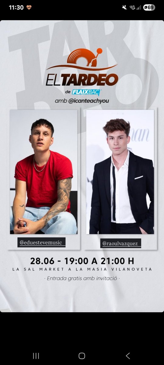 Esta tarde-noche <a href="/raoulvazquez/">RAOUL</a> estará en 'El tardeo' de radio Flaixbac con <a href="/icanteachyou/">Gerard Estadella</a>.

Lo podéis escuchar en: radioflaixbac.cat/gran-estrena-d…