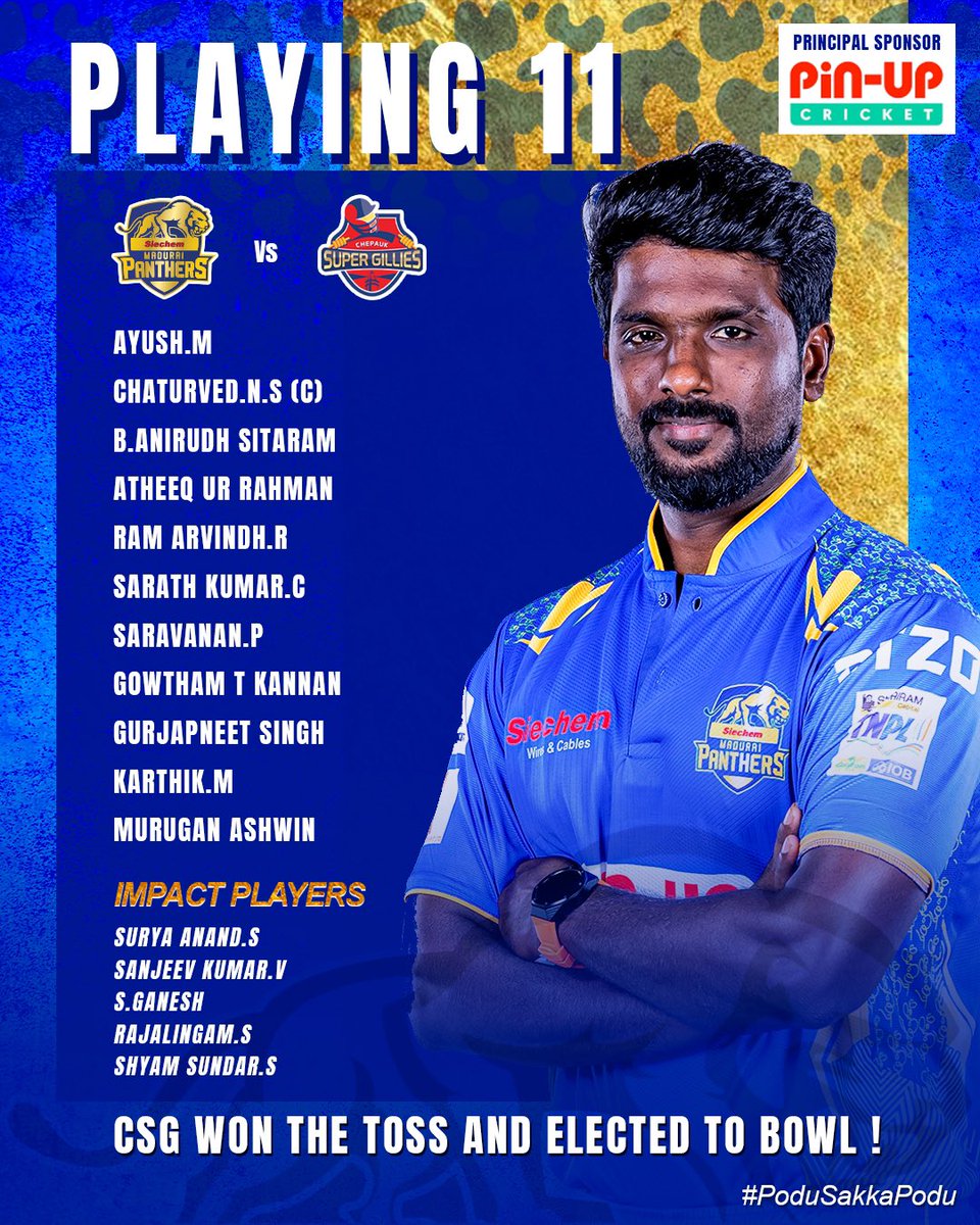 𝐓𝐎𝐒𝐒 𝐔𝐏𝐃𝐀𝐓𝐄 &amp; 𝐏𝐋𝐀𝐘𝐈𝐍𝐆 𝐗𝟏 𝐔𝐏𝐃𝐀𝐓𝐄 🪙
Chepauk Super Gillies won the toss chose to bowl first 🏏

#SiechemMaduraiPanthers #PoduSakkaPodu #TNPL2025