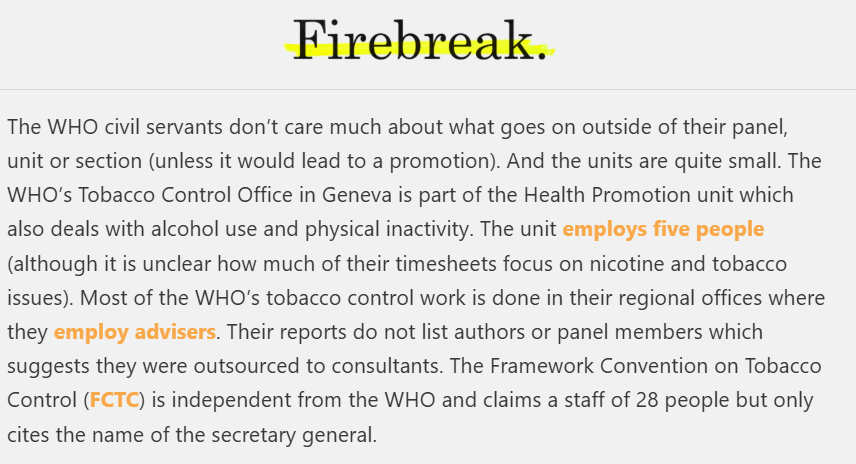 the_firebreak's tweet image. The Health Promotion unit manages @WHO's policies on tobacco, vaping, alcohol and inactivity risks. It employs 5 people.
This means all of their reports and policies are outsourced to consultants. But who? They aren't transparent.
@zaruk follows the money.
thefirebreak.org/p/the-whos-att…