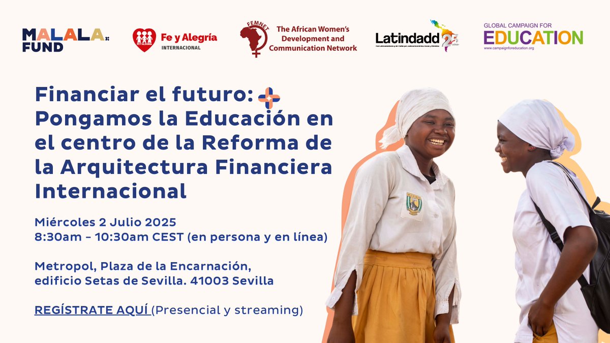 Dani Villanueva (@danivillanueva) on Twitter photo Ya estamos en Sevilla!! #FFD4Sevilla #FFD4
Anímate a participar en nuestro evento “Financing Futures” organizado por <a href="/feyalegriaFI/">FIFyA</a>,<a href="/MalalaFund/">Malala Fund</a>,<a href="/latindadd/">LATINDADD</a>,<a href="/ActionAid/">ActionAid</a>, @FemnetProgy <a href="/CME_es/">Campaña Mundial por la Educación</a>. 📅 2 de julio | 8:30h
feyalegria-org.zoom.us/meeting/regist… <a href="/Entreculturas/">Entreculturas</a> <a href="/EntreculturasSe/">Entreculturas Sevilla</a> Ya estamos en Sevilla!! #FFD4Sevilla #FFD4
Anímate a participar en nuestro evento “Financing Futures” organizado por <a href="/feyalegriaFI/">FIFyA</a>,<a href="/MalalaFund/">Malala Fund</a>,<a href="/latindadd/">LATINDADD</a>,<a href="/ActionAid/">ActionAid</a>, @FemnetProgy <a href="/CME_es/">Campaña Mundial por la Educación</a>. 📅 2 de julio | 8:30h
feyalegria-org.zoom.us/meeting/regist… <a href="/Entreculturas/">Entreculturas</a> <a href="/EntreculturasSe/">Entreculturas Sevilla</a>