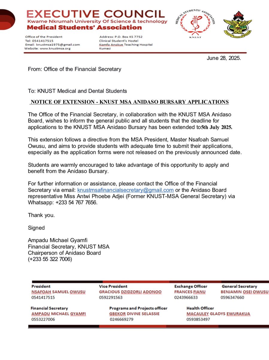 KNUST-MSA Anidaso Bursary has been extended to 5th July,2025. following a directive from the President, Master Nsafoah Samuel Owusu. This extension speaks of volumes of KNUST MSA commitment to improve and enhance the quality of its association. Thank you
