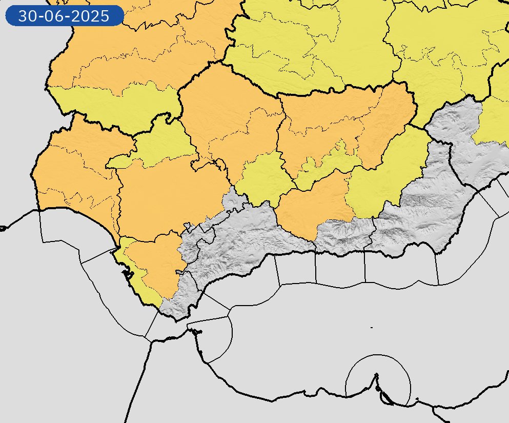 28/06 11:43 Avisos  activos pasado mañana en Andalucía por temperaturas máximas. Nivel máximo de aviso: naranja.
Actualizaciones en aemet.es/es/eltiempo/pr…