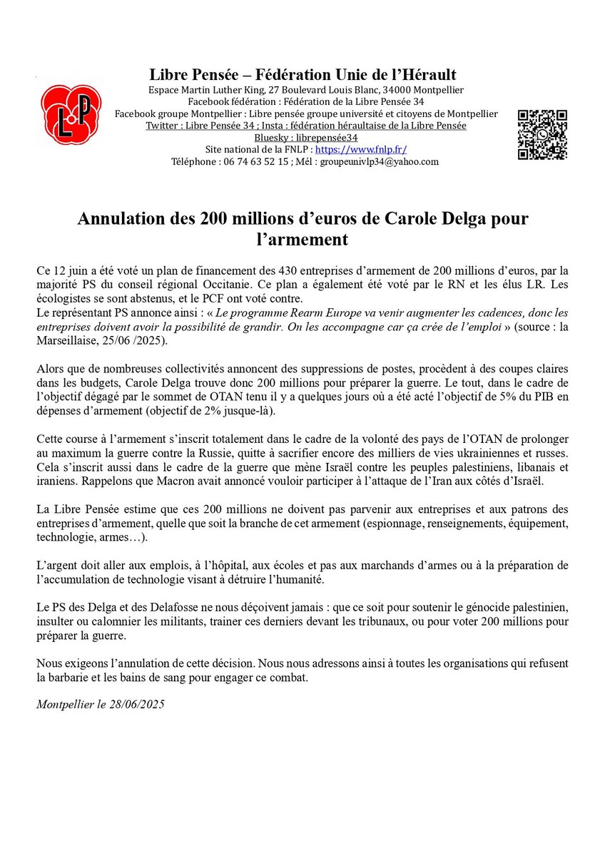 LibreGroupe's tweet image. 🔴URGENT !!🔴
Annulation des 200 millions d'argent public pour les entreprises de guerres et d'armements, votés par les conseil régional Occitanie, Delga / PS/ RN / LR main dans la main.