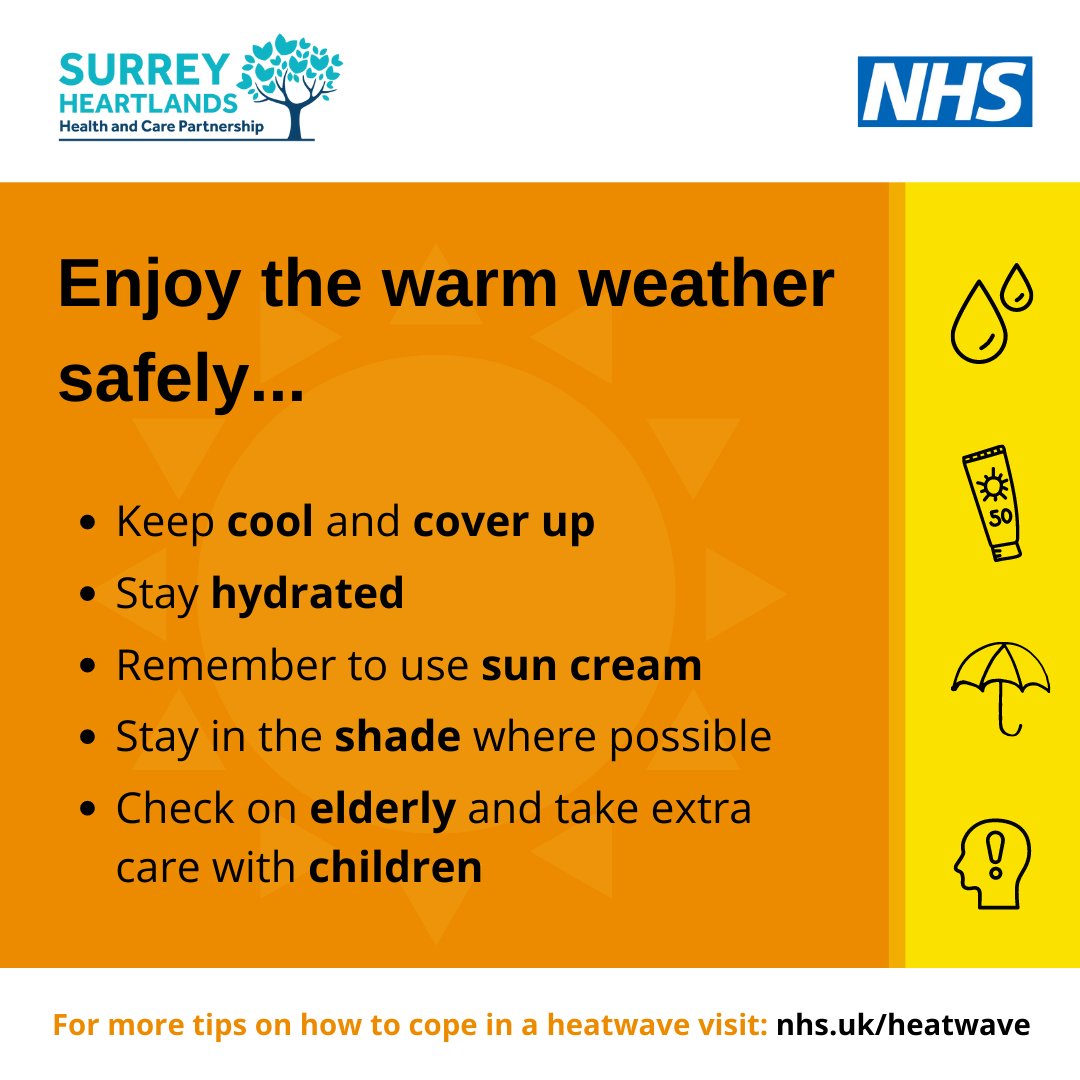 Here are some very simple steps people can take to stay safe and well in hot weather:
😎 Stay as cool as possible
💧 Stay hydrated
🤠 Stay protected
👨‍🦳 Check on elderly relatives and neighbours
👶 Take extra care with babies and young children
Read more 👉ow.ly/TW1L50P3NbR