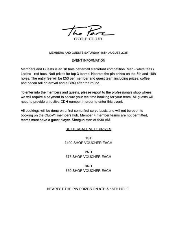 Still availability for our Men’s Open Day and Members &amp; Guests!

Head to the Pro Shop to confirm your spaces