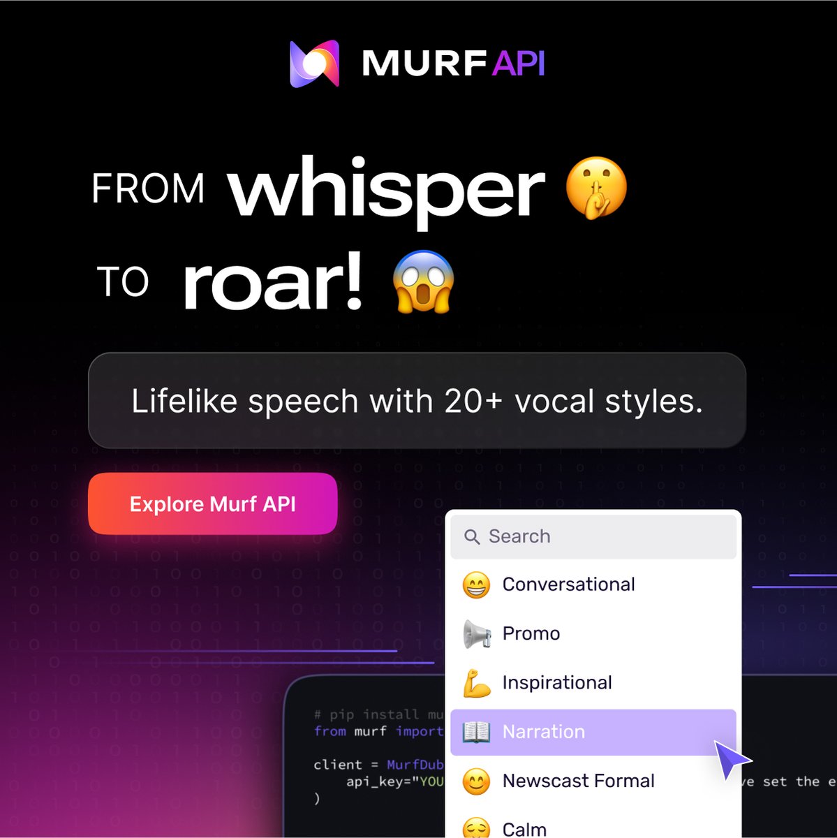 MurfAIStudio's tweet image. One API. Every mood.

Go from 🤫 to 😱 without breaking a sweat.

#texttospeech #murfapi