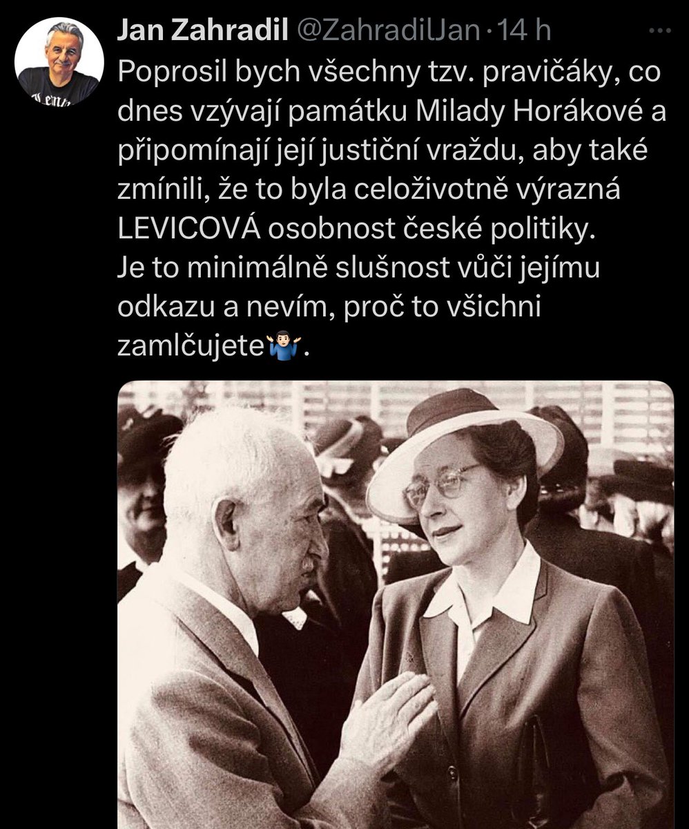 Zahradil se opět projevil jako idiot. Kopnout do Milady Horákové je nějaká zvyklost Turkovy kumpanie?

Historik Petr Koura z Karlovy univerzity jasně uvádí: “Ani označení Milady Horákové jako levicové političky není podle historika správné”.

Podle Koury se jednalo o “ženu, která
