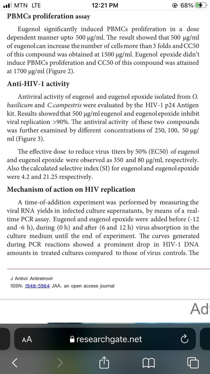 Persons with HIV shouldn’t joke with SWEET BASIL(twi= akoko mesa,Yoruba=efirinpo)!

Persons with weak immune system shouldn’t joke with SWEET BASIL!

Sweet basil has been shown to contain Eugenol known to inhibit HIV replication by more than 90%

Boil for 20mins and take 90ml