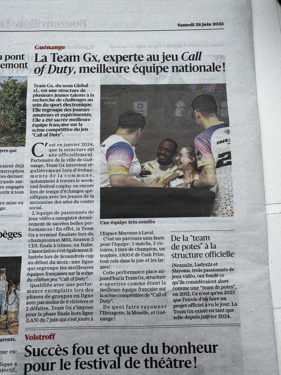 Team Gx (@teamgx_gg) on Twitter photo Notre passage dans le <a href="/lerepu/">Le Républicain Lorrain</a> 🤝
Merci à notre partenaire la ville de Guénange <a href="/TacoPierre/">Pierre TACCONI</a> pour le soutien🏆
republicain-lorrain.fr/societe/2025/0…
#GXWIN Notre passage dans le <a href="/lerepu/">Le Républicain Lorrain</a> 🤝
Merci à notre partenaire la ville de Guénange <a href="/TacoPierre/">Pierre TACCONI</a> pour le soutien🏆
republicain-lorrain.fr/societe/2025/0…
#GXWIN