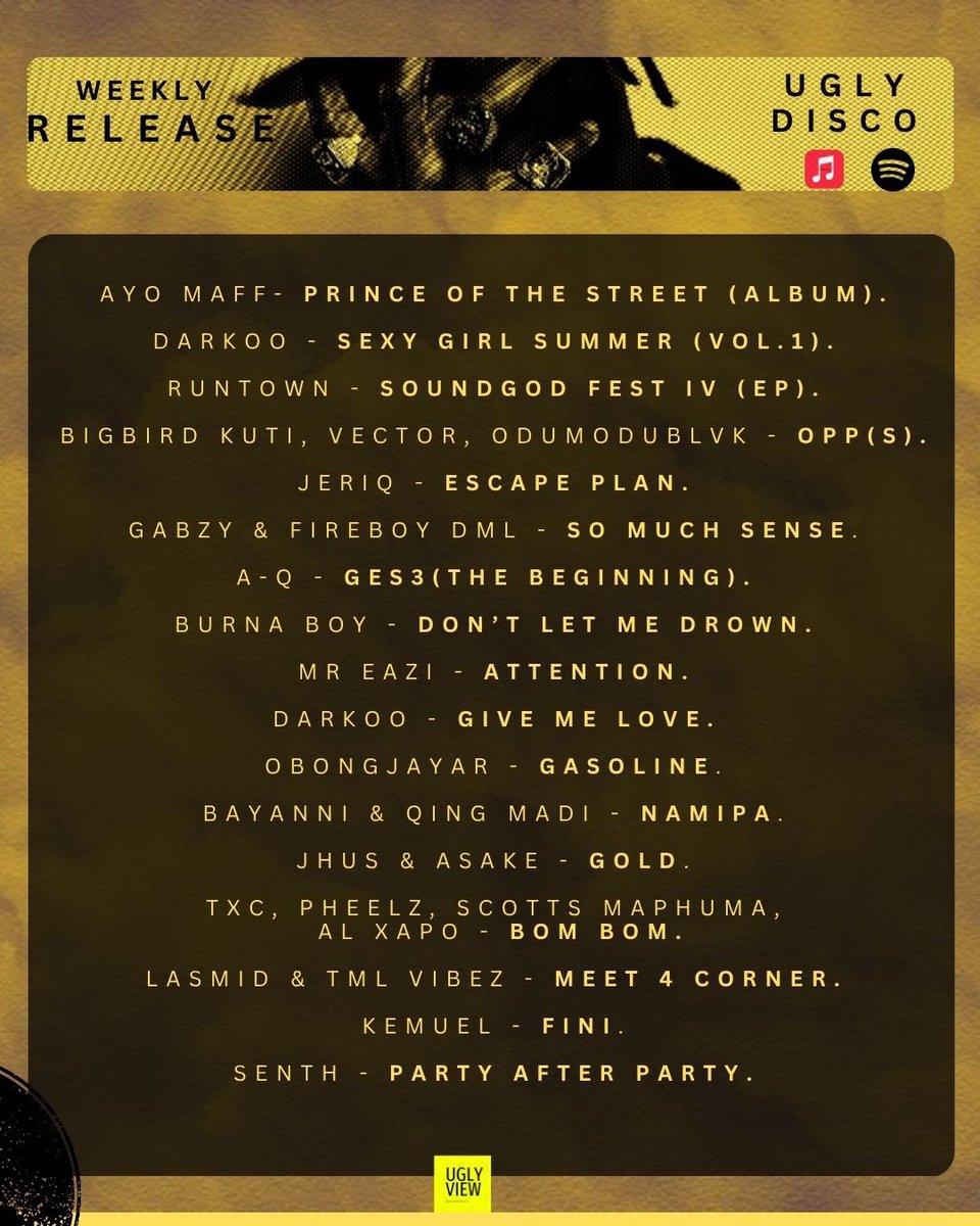 🎶 weekly release Just Hit Different! 
(Link in bio)
Featuring: 
<a href="/AyoMaff/">Ayo Maff 🥷🏽</a> – Prince of the Street
<a href="/darkoo/">DARKOO</a> – Sexy Girl Summer(Vol.1)
<a href="/iRuntown/">Runtown</a> – Soundgod FestIV
BigBird Kuti x Vector xOdumodublvck – OOP(S)
<a href="/jeriqthehussla/">jeriqthehussla</a> – Escape Plan 
And more available on AppleMusic and Spotify