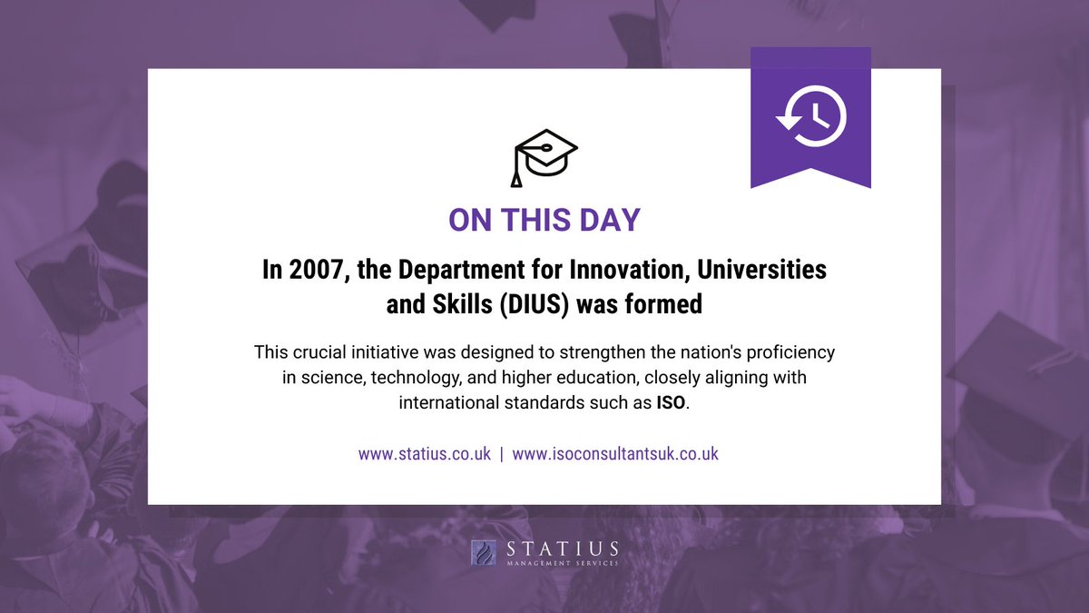 ThisIsStatius's tweet image. Throwback to June 28, 2007! 🌟 The UK formed the Department for Innovation, Universities and Skills (DIUS) to boost expertise in science, technology, and education, aligning with ISO standards. This move aimed to keep the UK competitive globally. 📚🔬
#Innovation #Education #ISO