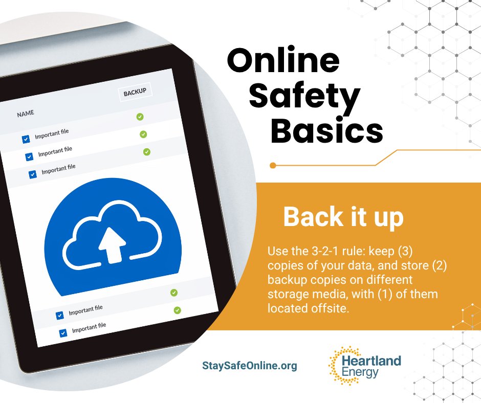 Stay safe online➡️Back it up.

Accidents happen! Follow the 3-2-1 rule to back up your files before they're lost: three copies, two types of storage, one kept offsite.

#InternetSafetyMonth👨‍💻 #cybersecurity #cybertips #staysafeonline

@staysafeonline
