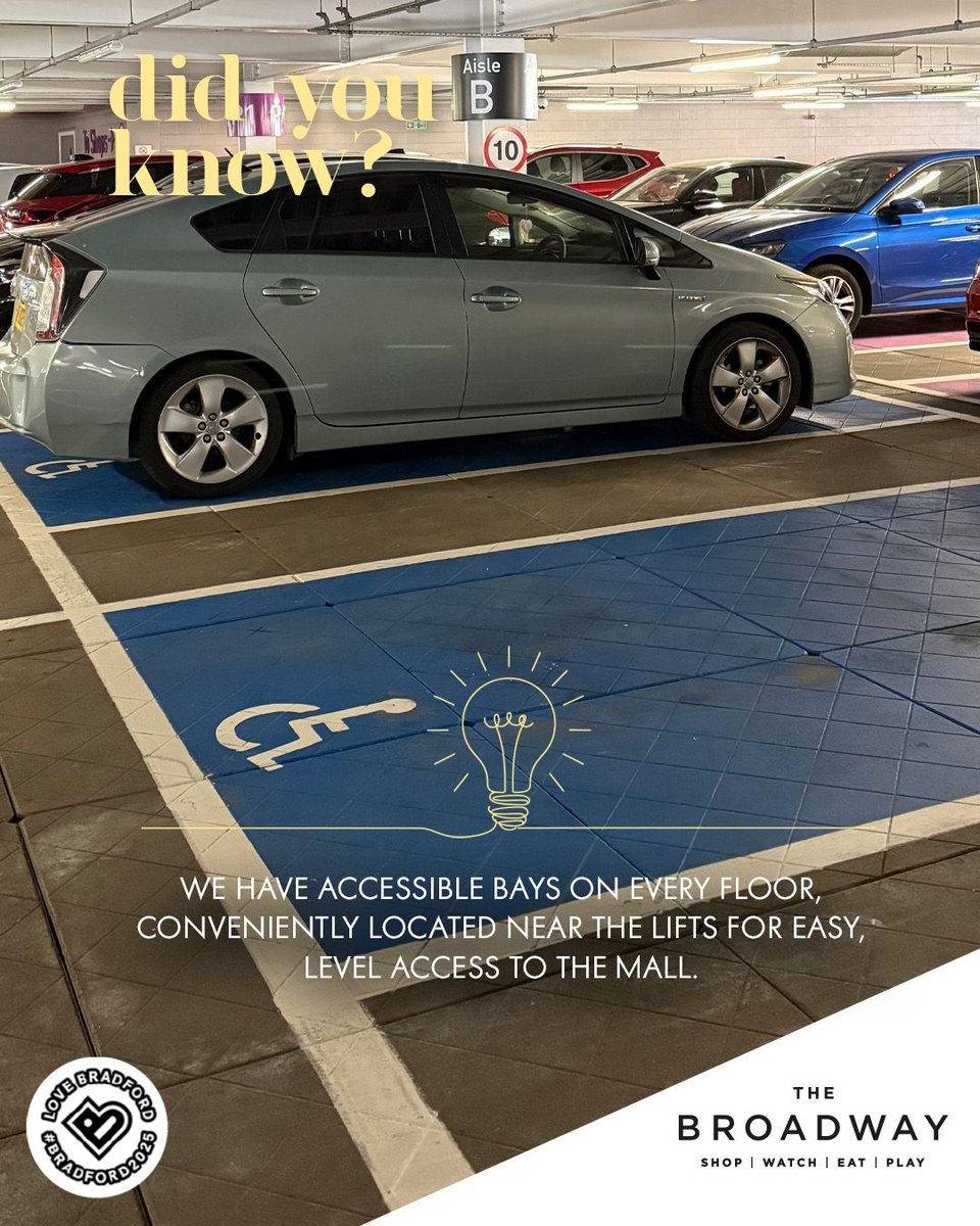 ♿️ Every car park level at The Broadway has accessible bays near the lifts, making it easier to reach the Mall. 

#BD25 #Bradford2025 #Bradford #thebroadwaybradford #bradfordshopping #bradfordeats #whatsoninbradford #bradfordoffers #bradfordcitycentre