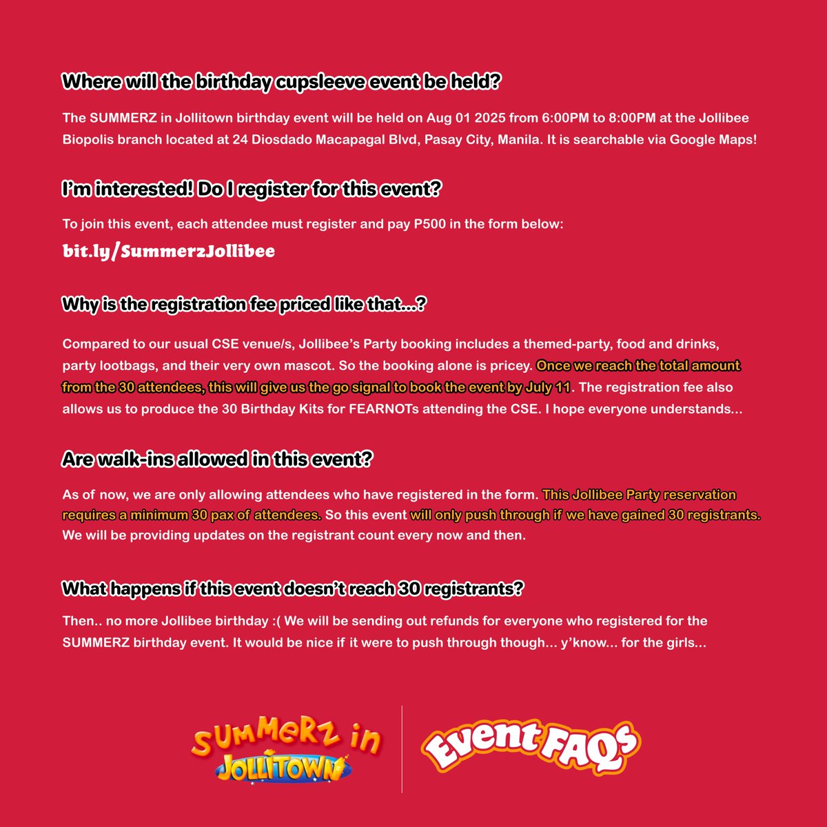 FEARNOT_PH's tweet photo. Have questions regarding the #SUMMERZinJollitown CSE? They might be here! Please take time to read the FAQs below for as they contain important details about the event! 

To take part in the birthday event, register below:
https://t.co/95Tr1xfXFo https://t.co/PLwKBbqLTG