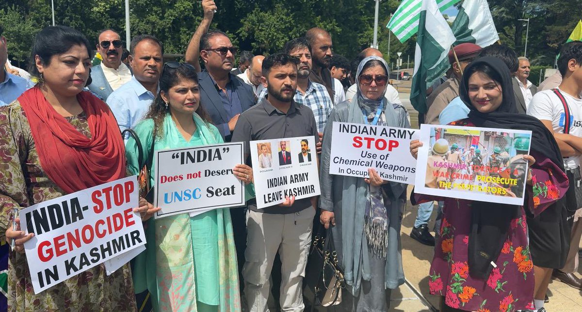 A powerful protest took place outside the United Nations in Geneva,  by Kashmiri &amp; Pakistani expatriates, condemning Indian occupation and rights violations in Kashmir.  Demanded an end to demographic changes and cultural invasions by the RSS/BJP Hindutva regime. #EndOccupation