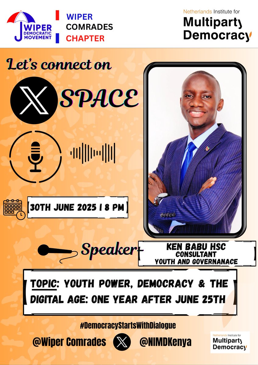 Peter Edwin (@muigomuriu) on Twitter photo Come, let's connect!
Theme: Youth Power, Democracy and The Digital Age: One Year After June 25th.
Monday 30th June 2025.
Powered by <a href="/NIMDKenya/">NIMD Kenya</a> Come, let's connect!
Theme: Youth Power, Democracy and The Digital Age: One Year After June 25th.
Monday 30th June 2025.
Powered by <a href="/NIMDKenya/">NIMD Kenya</a>