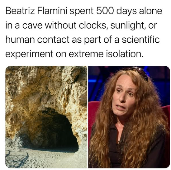 Spanish extreme athlete and mountaineer Beatriz Flamini entered a cave near Granada on November 21, 2021, launching her “Timecave” experiment: to live in total isolation—no clocks, no sunlight, no human contact—for 500 days.