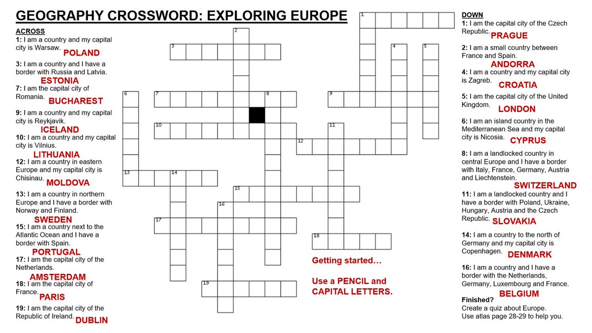 Geography crossword: The Puzzlemaker website is great for creating these literacy challenges and it’s free to use. Sharing an example here on European countries and capital cities – in shared folder. #teachers #geography #geographyteacher