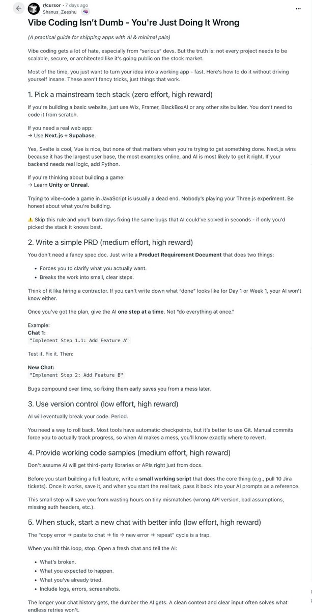 这个人简直凭借五条简单规则掌握了vibe编程。

以下原文翻译：