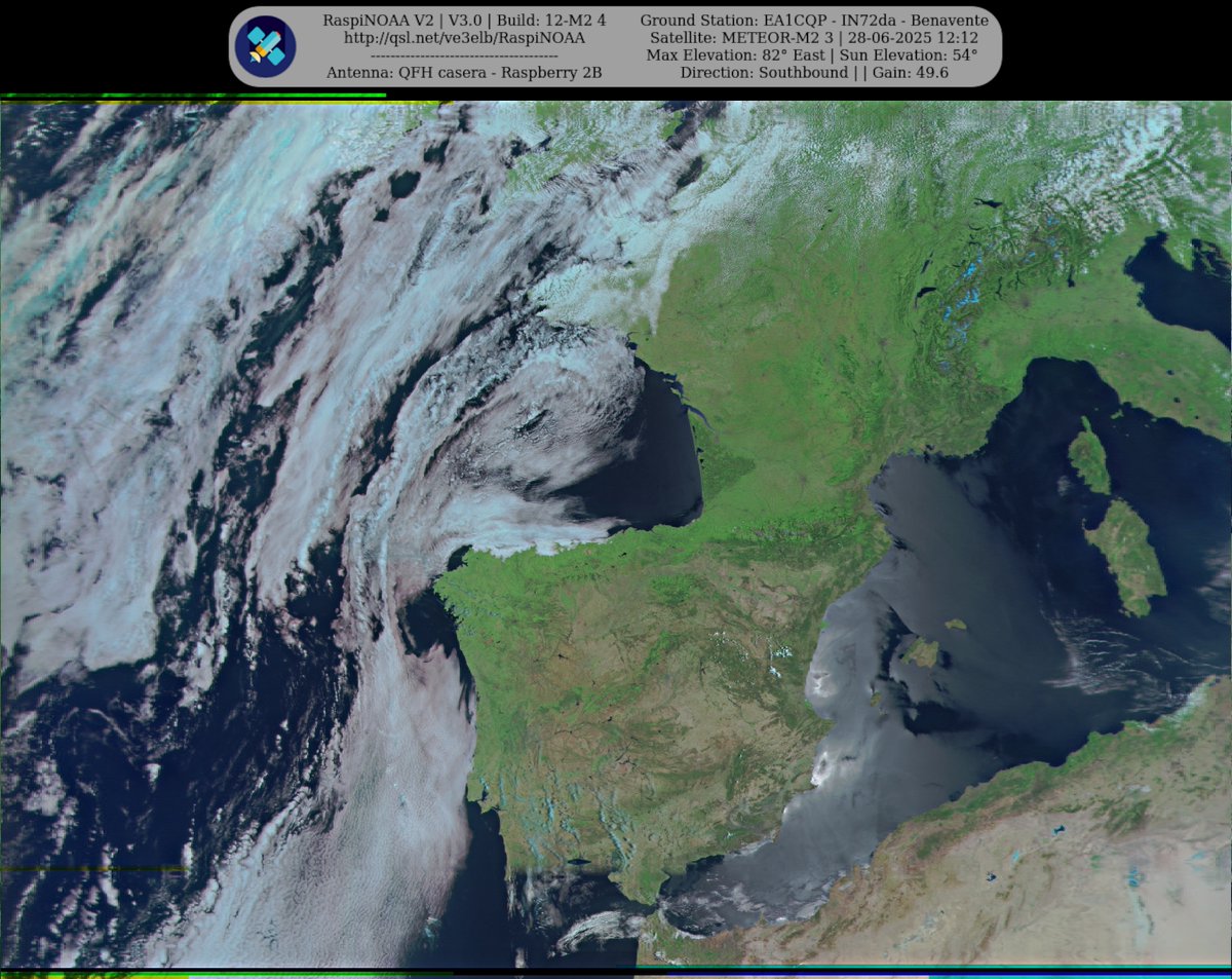 Ground Station: EA1CQP - IN72da - Benavente METEOR-M2 3 28-06-2025 11:57 CEST  Max Elev: 82° E Sun Elevation: 54° Gain: 49.6 | Southbound

#NOAA #MeteorM2_3 #MeteorM2_4 #weather #weathersats #APT #LRPT #wxtoimg #MeteorDemod #rtlsdr #gpredict #raspberrypi