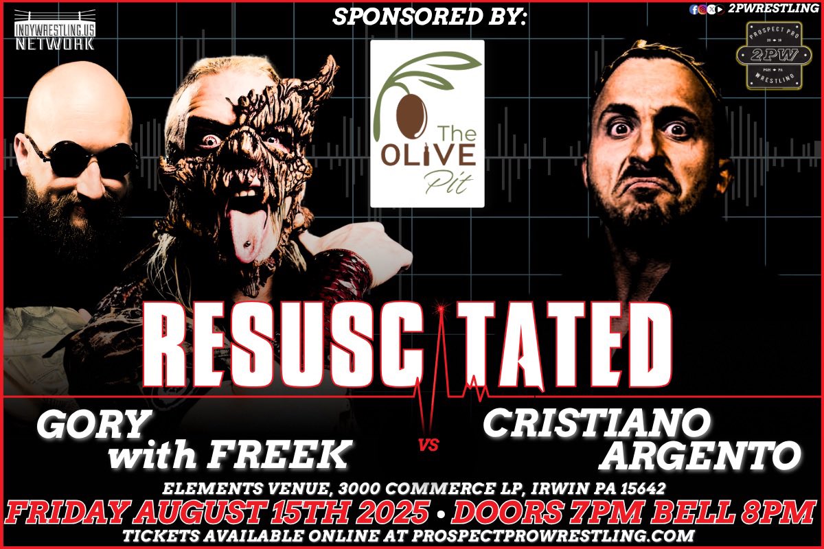 Match Announcement for 2PW: RESUSCITATED!!

<a href="/JasonFnGory/">Gory©️</a> vs <a href="/412mambo/">Cristiano Argento</a> 

TICKETS &gt;&gt; prospectprowrestling.com/tickets