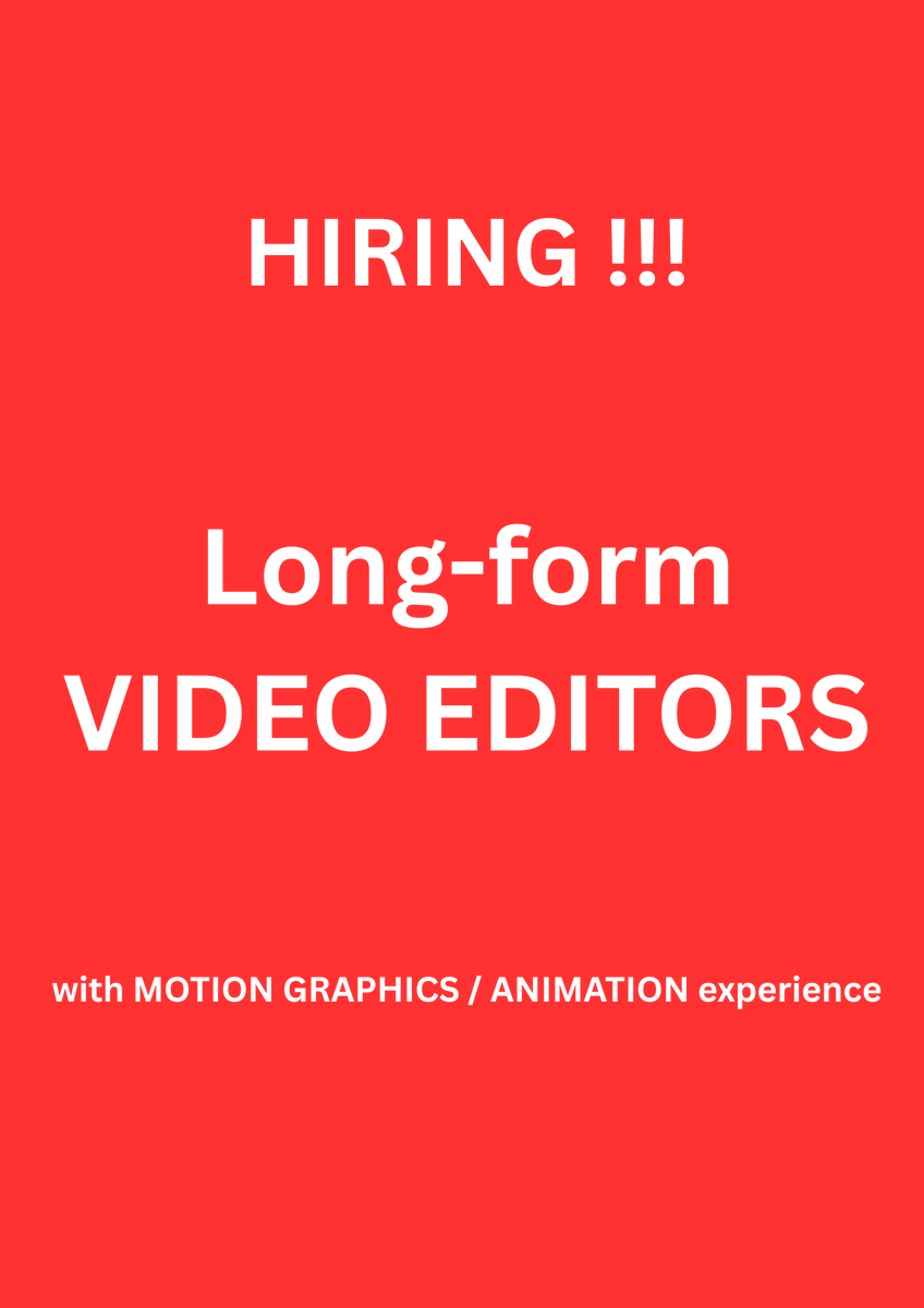 🚨Hiring multiple long-form VIDEO EDITORS 🚨

Apply only if:

👉You have experience with motion graphics and animations
👉You respond fast to messages during working hours
👉You can take feedback

Link below👇

(Comment "APPLIED" once you've applied)