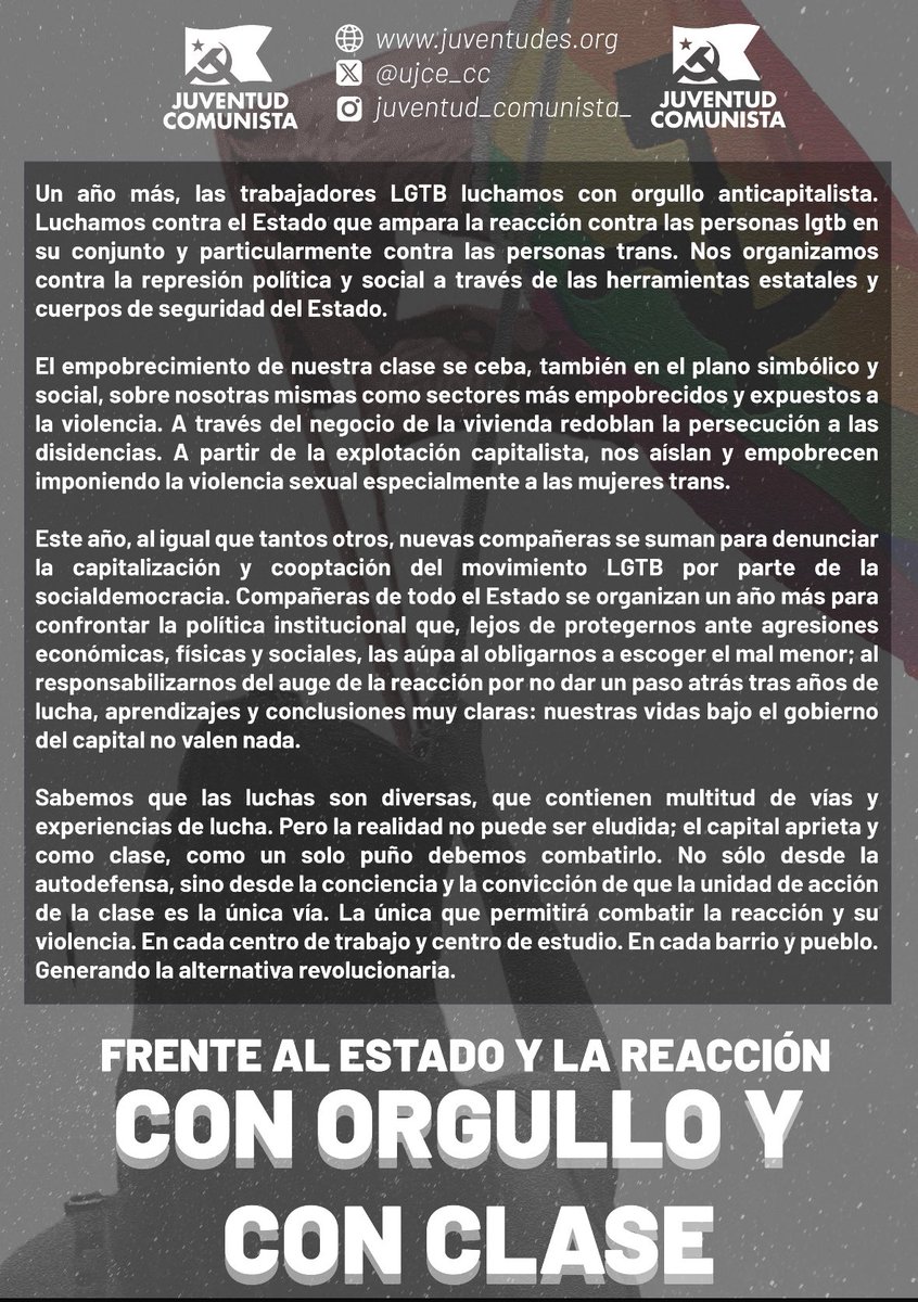 🏳️‍🌈🏳️‍⚧️🚩Las luchas son diversas, pero siempre las afrontaremos con unidad. Frente a la reacción: con orgullo y con clase.