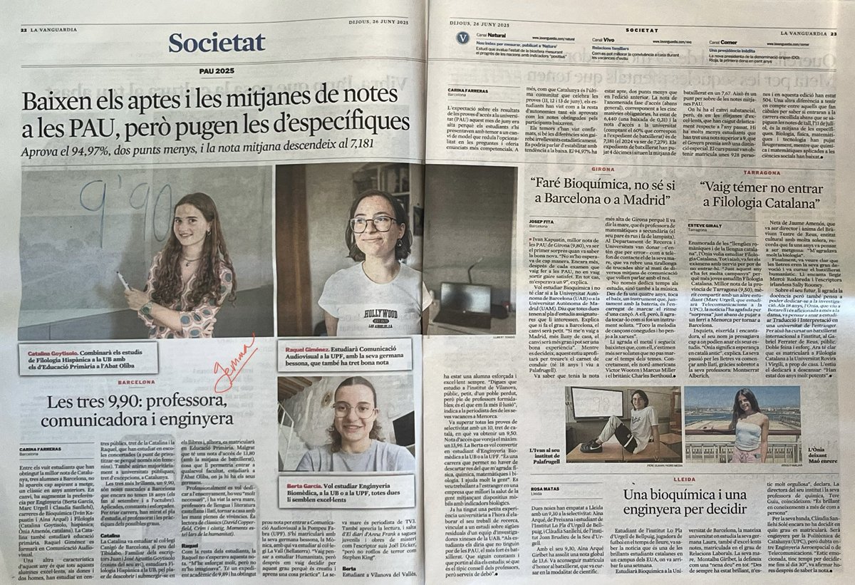 6 dels 8 estudiants catalans amb millors notes de les PAU són noies, han estudiat a instituts públics, i aniran sobretot a universitats públiques. Berta G. ho subratlla: “un centre públic petit en un poble perdut, ple de professors formidables, és el que em fa més il·lusió".