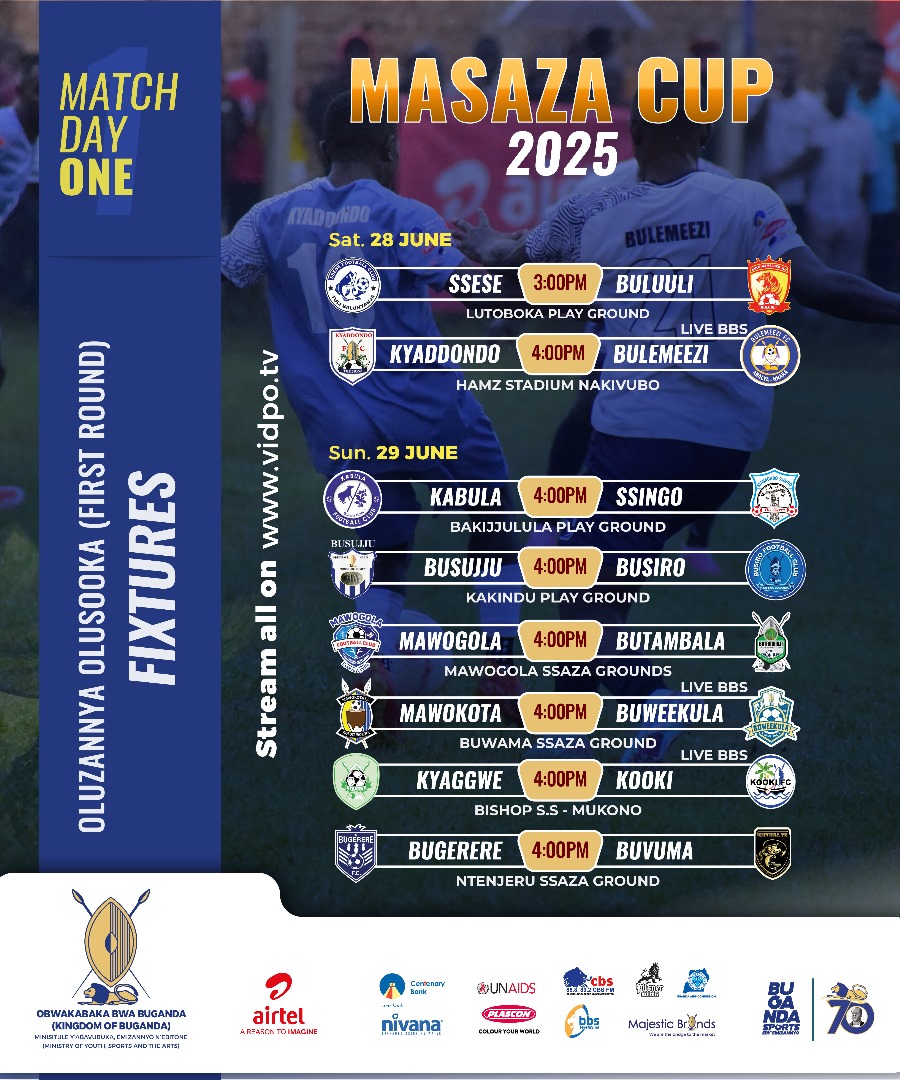 Its is Match Day 🥁📢🪘🪇

Ssese Vs Buluuli - Lutoboka
Kabula Vs Ssingo - Bakijjulula
Kyaddondo Vs Bulemeezi - Nakivubo

#MasazaCup2025