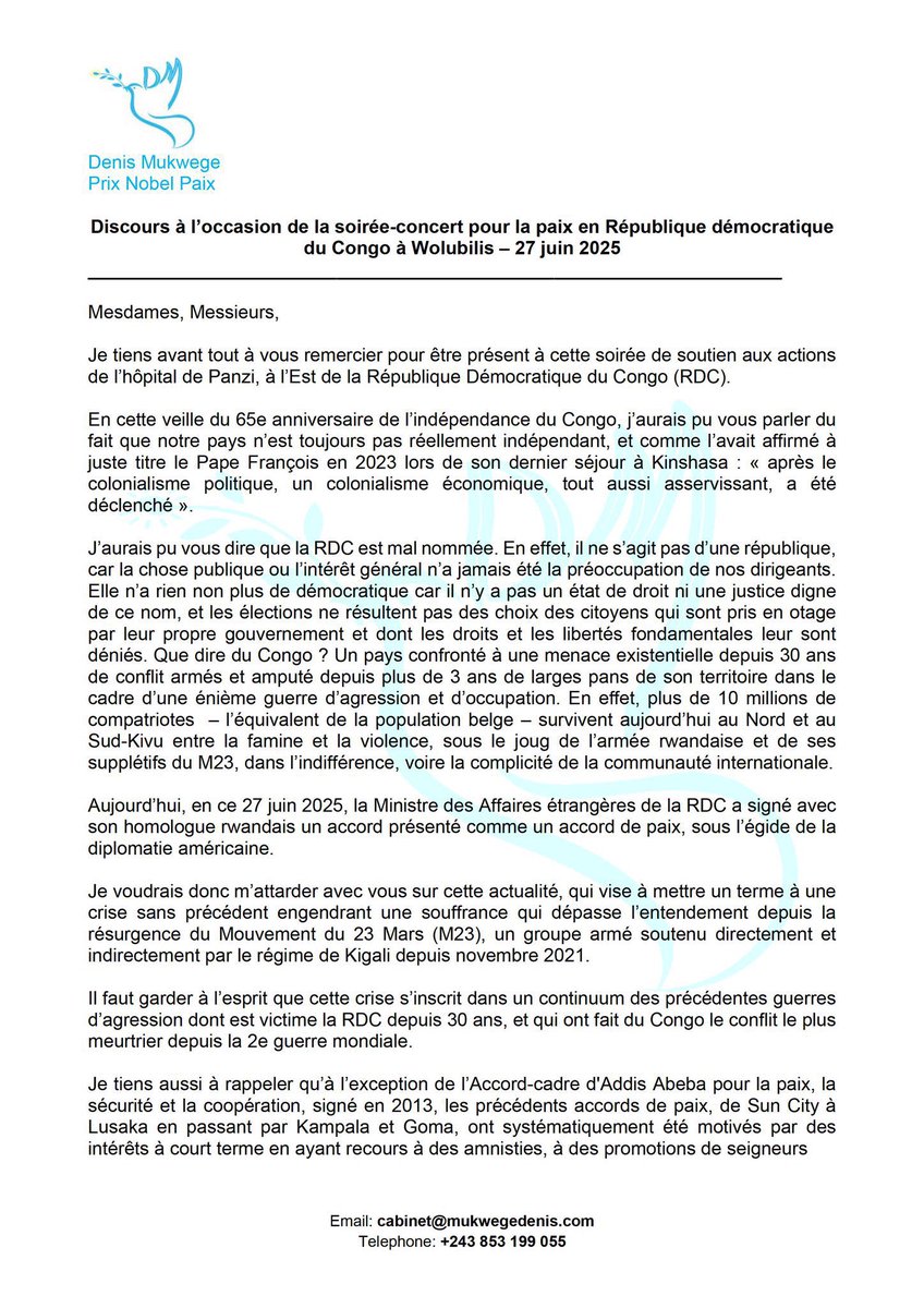 michombero's tweet photo. Accord #RDC #Rwanda. Pour le prix Nobel de la Paix @DenisMukwege, "L'accord légitime l’occupation, le pillage de nos ressources et sacrifie la justice. Ce n’est pas une paix durable. Le peuple congolais doit se lever pour défendre sa souveraineté", Document https://t.co/krBOpVTk9f