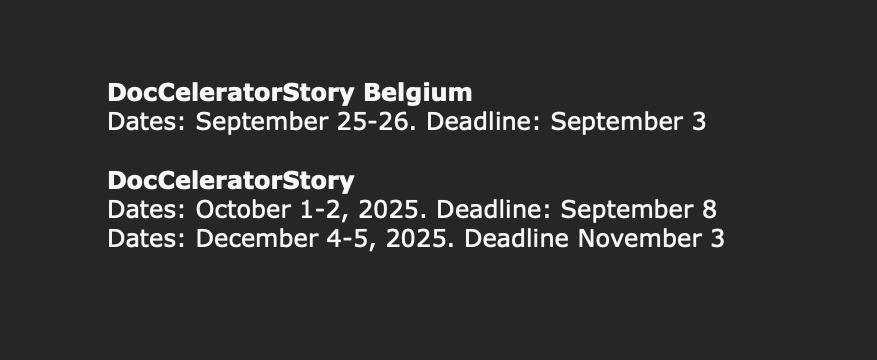 THREE EDITIONS OF DocCelerator IN FALL 2025
One special edition done in collaborations with the two Creative Europe Desk in Belgium and two open editions of the popular DocCeleratorStory.
paradiddlepictures.com/news/three-edi…