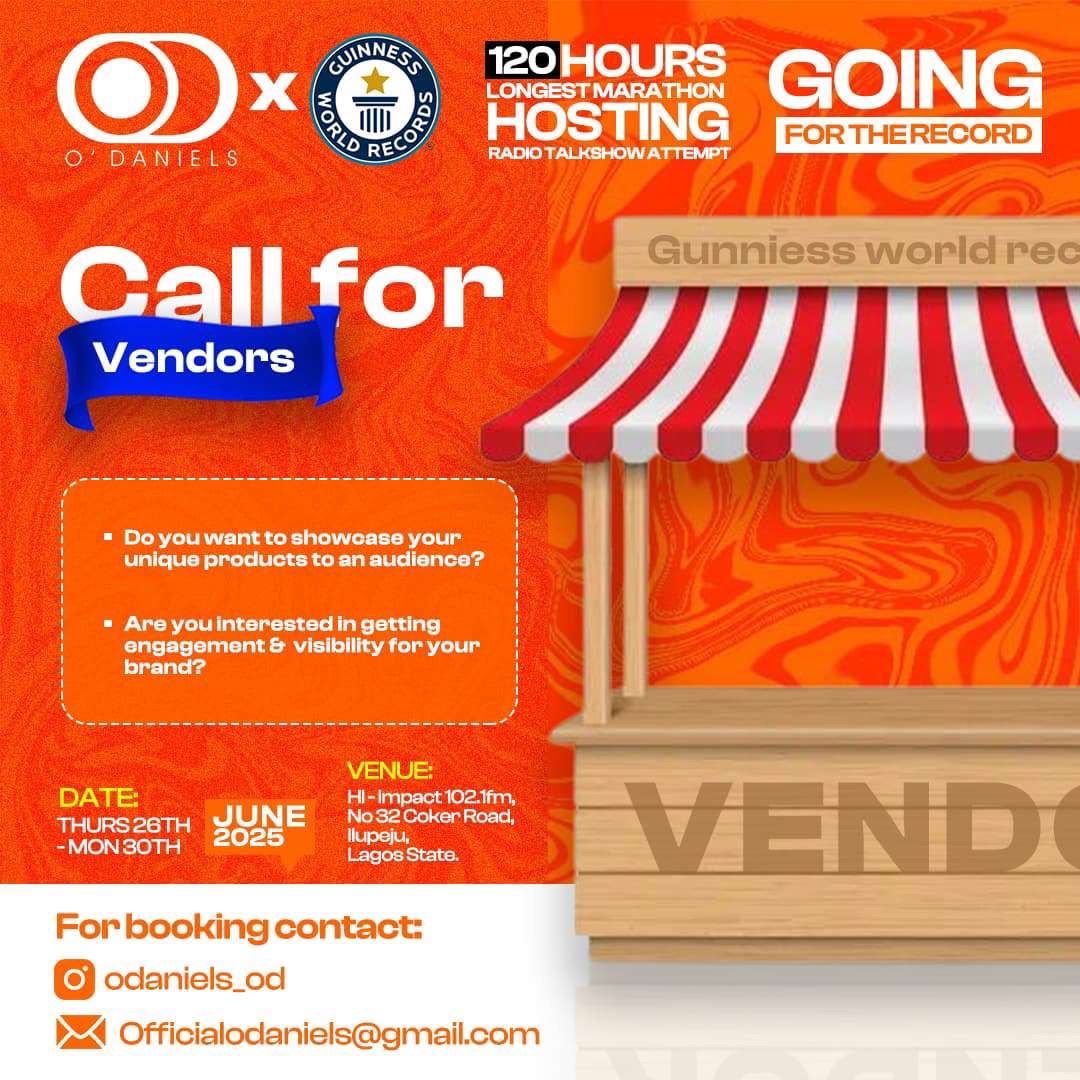 _BAMI_DELE_'s tweet photo. Vendors, this isn’t just a booth  it’s a spotlight.
Join the longest radio show marathon ever and showcase your brand to the world.
@OlusegunDaniels @Tgramz_media
#onairwithodaniels https://t.co/NJlPSb8sNe