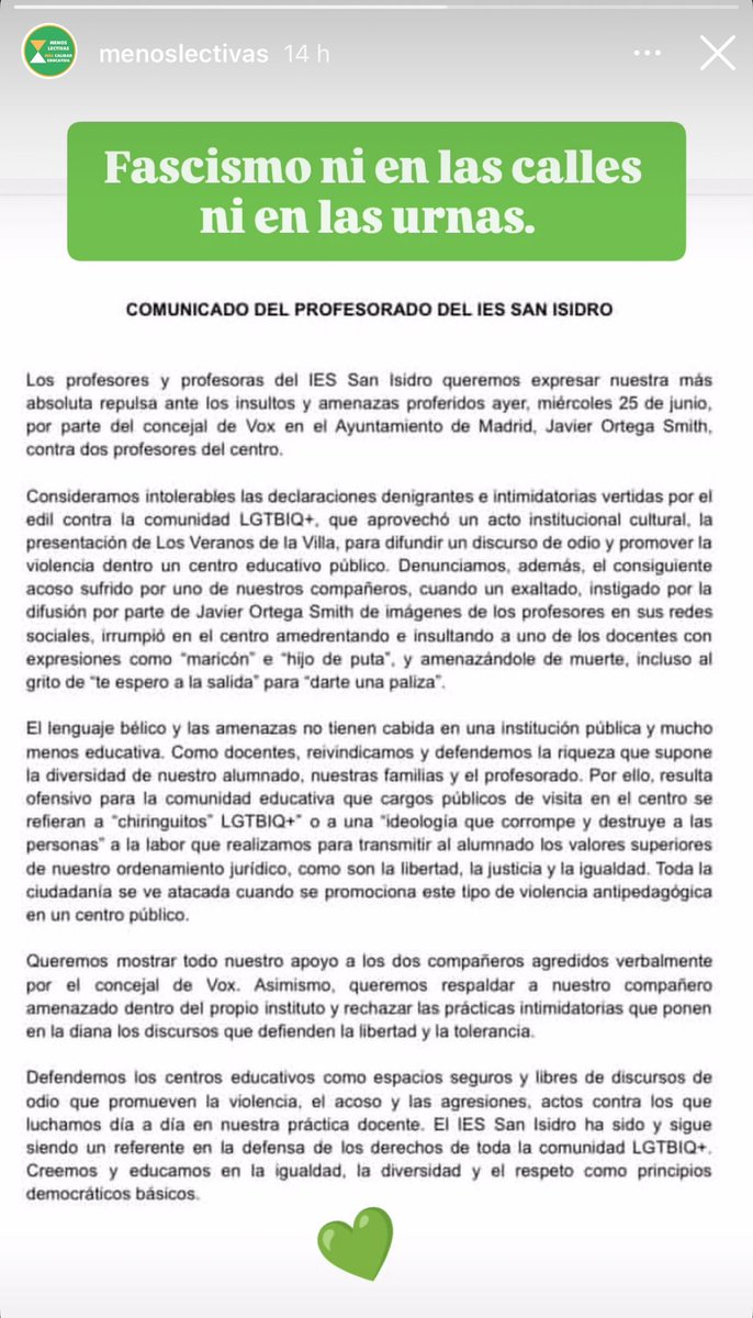 Educamos en la igualdad, la diversidad y el respeto. 
Todo el apoyo a los profesores intimidados por un matón de VOX en el IES San Isidro por defender en la Pública los derechos de la comunidad LGTBQ+
