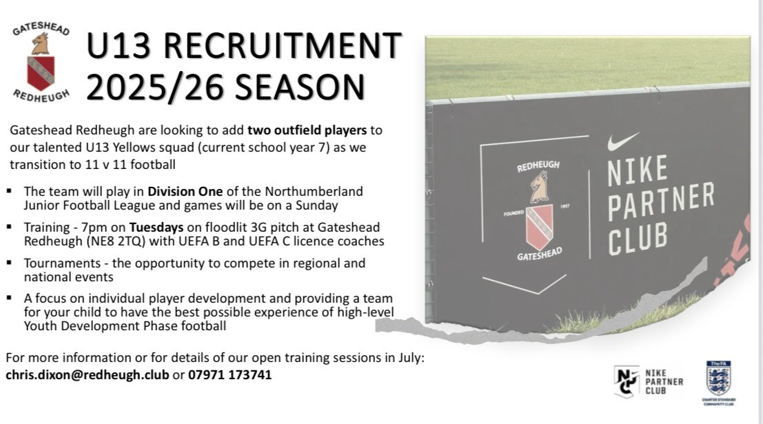 📣 Our U13 Yellows are recruiting!

Division One - Northumberland Football League

Full details below ⬇️ or contact Chris Dixon on 07971 173741 for information on open training sessions in July☀️