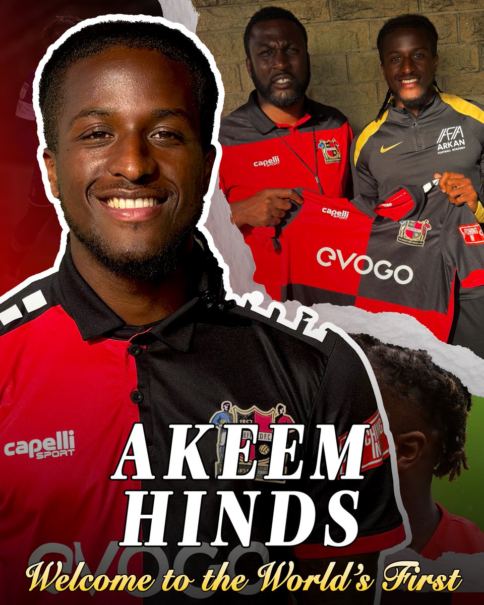 We are delighted to announce the signing of Akeem Hinds ahead of the 2025/26 season! 🔴⚫️

The former Rotherham United man has also notched experience at National League North level, as well as in the Cymru Premier Division...

Welcome, Akeem! 👋

#TheWorldsFirst