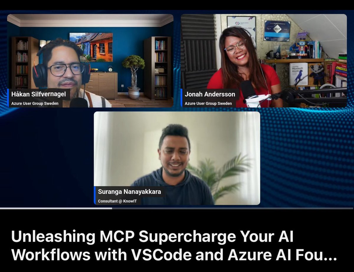 Jonah Andersson (@cjkodare) on Twitter photo 🎙️Live, hosting, and learning about Model Context Protocol (MCP) for AI workflows using VSCode and Microsoft Azure AI Foundry at <a href="/AzugSweden/">Azure User Group Sweden 🇸🇪</a>
Join us, learn and ask questions via our livestream in multi channels 🎥 youtube.com/live/MSr0j-0sb… with guest speaker Suranga Nanayakkara 🎙️Live, hosting, and learning about Model Context Protocol (MCP) for AI workflows using VSCode and Microsoft Azure AI Foundry at <a href="/AzugSweden/">Azure User Group Sweden 🇸🇪</a>
Join us, learn and ask questions via our livestream in multi channels 🎥 youtube.com/live/MSr0j-0sb… with guest speaker Suranga Nanayakkara
