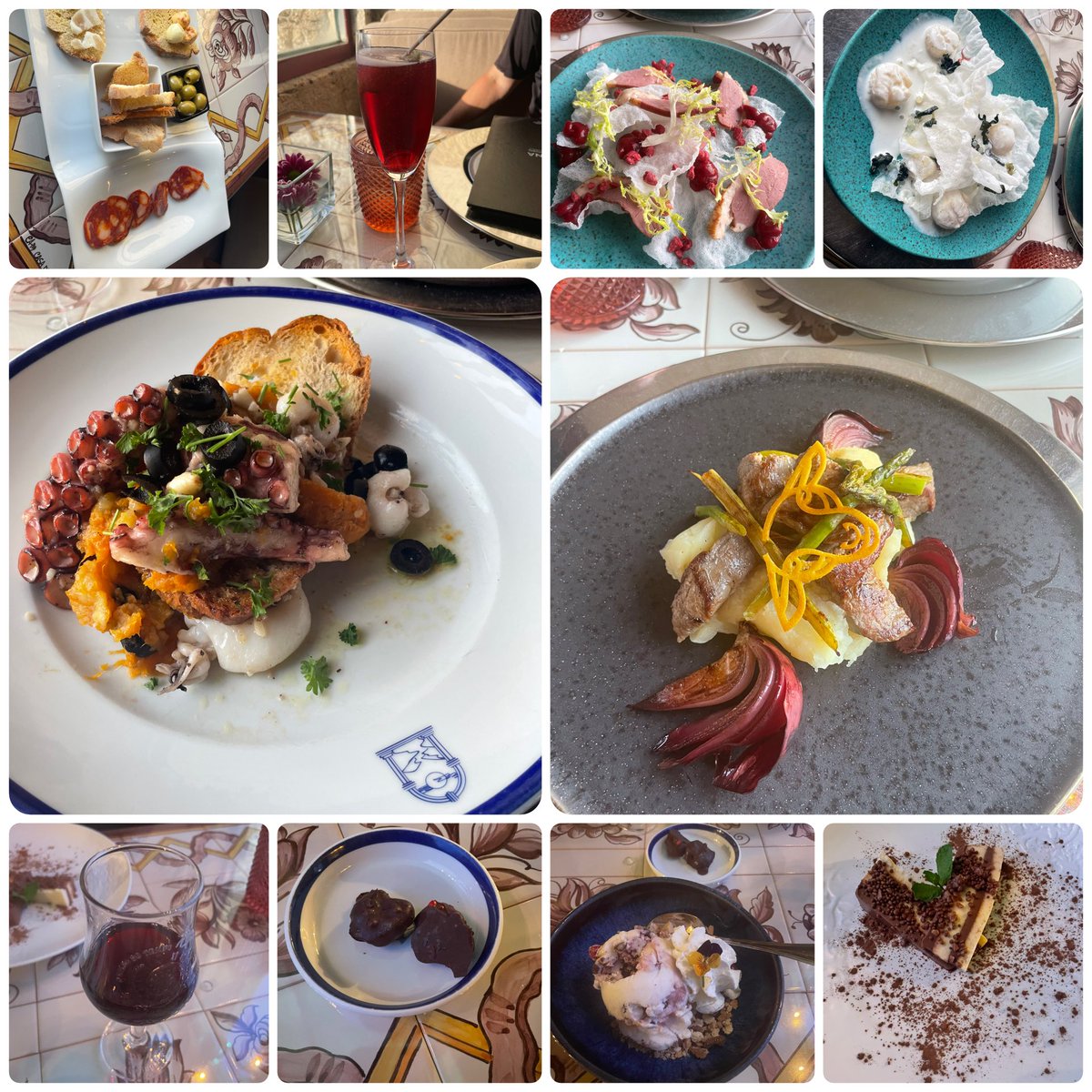 CameronLabUNC's tweet image. Dinner was indeed amazing. We started with a board of local charcuterie and an aperitif of Porto sparkling wine with ginja liqueur (CGPT on ginja below). Scallops and duck on crispy rice as appetizers. I had the octopus and cuttlefish as my main; J had the lamb. The meal ended…
