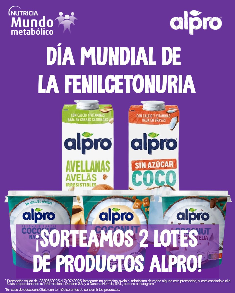 🎉¡Sorteo! Hoy conmemoramos el Día Mundial de la #Fenilcetonuria. 💜 Por eso sorteamos 2 cajas con productos Alpro, aptos para personas con PKU, para que los combines con tu sustituto proteico y disfrutes este verano.
👉 ¡Participa en Instagram! instagram.com/mundometabolic…