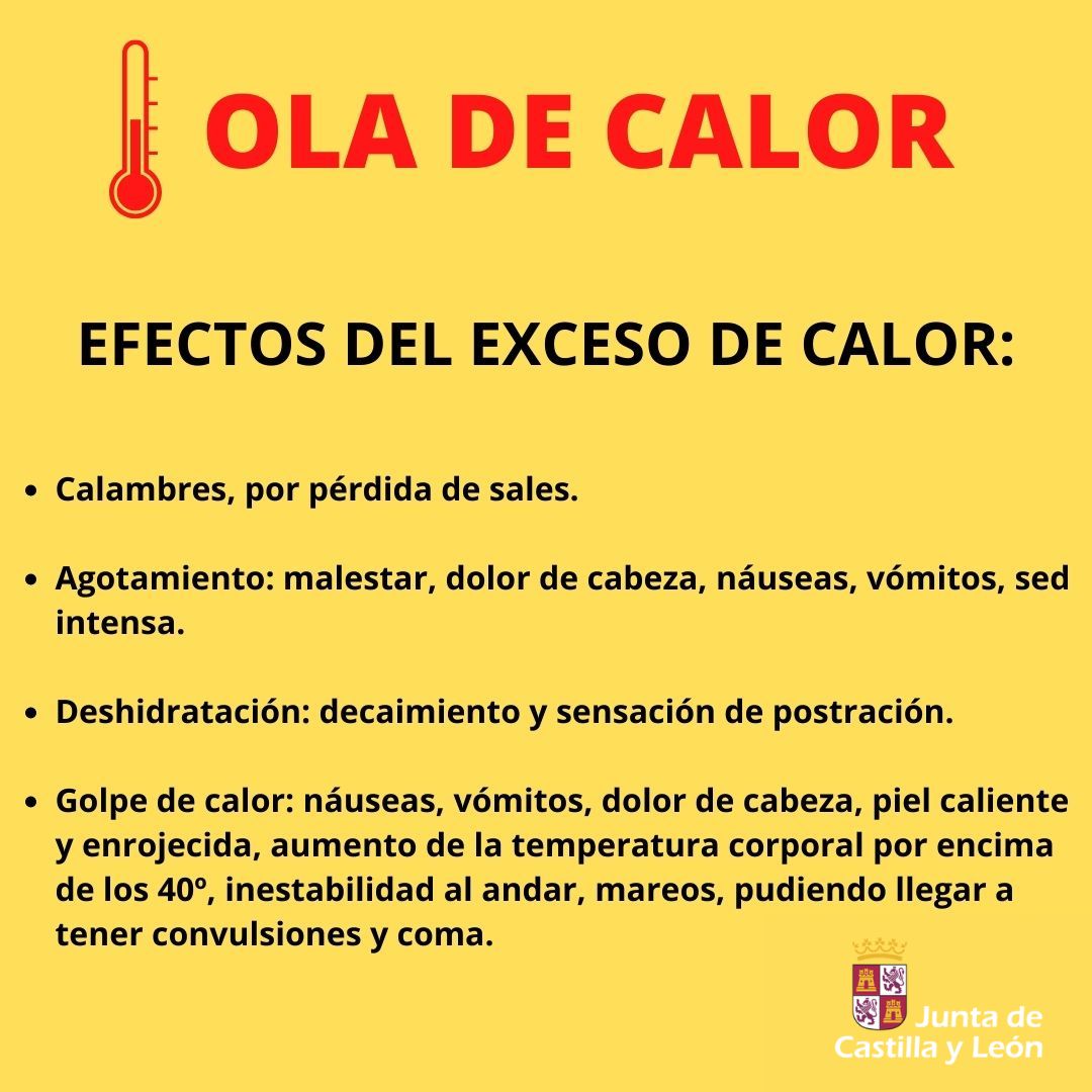112 Castilla y León (@112cyl) on Twitter photo Se esperan máximas muy elevadas en #CastillayLeón.
La <a href="/jcyl/">Junta de Castilla y León</a> ha declarado la alerta por ola de calor.
Extrema las precauciones y recuerda que todos estamos expuestos a los efectos del exceso de calor, estos síntomas te ayudan a identificarlo.
#FMA #OlaDeCalor Se esperan máximas muy elevadas en #CastillayLeón.
La <a href="/jcyl/">Junta de Castilla y León</a> ha declarado la alerta por ola de calor.
Extrema las precauciones y recuerda que todos estamos expuestos a los efectos del exceso de calor, estos síntomas te ayudan a identificarlo.
#FMA #OlaDeCalor