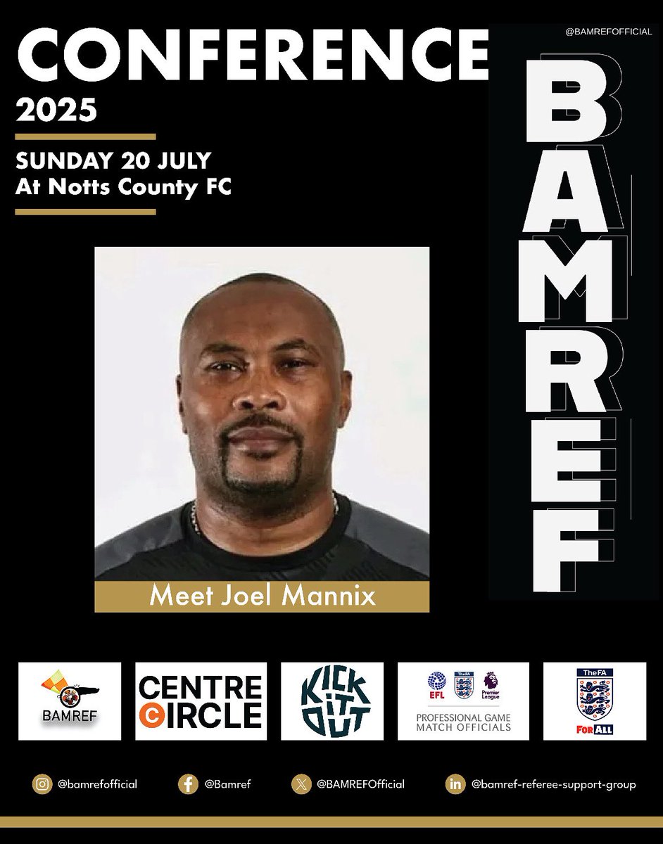 BAMREFOfficial's tweet photo. Meet Joel Mannix — Chair &amp; founding member of BAMREF.
Level 2B ref with elite game insight.
Paramedic. VIP security pro.
Catch his welcome speech at our panel conference kickoff! 

#BAMREF #Leadership https://t.co/jm3Eeu0j48