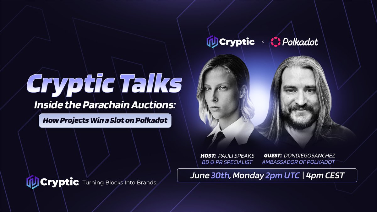 🎙 Cryptic Talks with <a href="/Polkadot/">Polkadot</a>! 🎙

Inside the Parachain Auctions: How Projects Win a Slot on Polkadot

🗓 Date: Monday, June 30th
⏰ Time: 02:00 PM UTC / 04:00 PM CEST
Host: <a href="/pauli_speaks/">Pauli</a>, BD &amp; PR Specialist at Cryptic
Guest: <a href="/SanchezCrypto/">DonDiegoSanchez 🐂⭕️</a>, Ambassador of Polkadot

Link:
