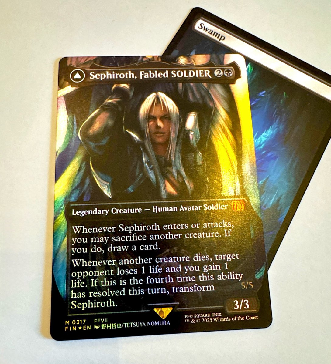 What’s the odds of this happening 🤔 
Foil mythic Sephiroth from a MTG x Final Fantasy play booster 🤯 illustrated by Nomura, hints at FF7 Remake Part 3… THE card I was chasing! 🍀 What’s your craziest pull ever? #MTGxFinalFantasy #MTG #PackOpening #Sephiroth #FinalFantasy