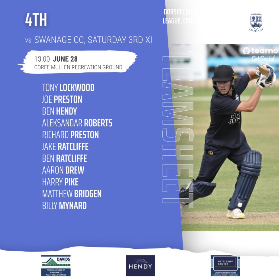 🙌 Team News! 🙌

✈️ - 1s at Dorchester 
🏠 - 2s at the Ellis Jones Leaze 
🏠 - 3s at Colehill 
🏠- 4s at Corfe Mullen 

#Wimbornecc #Uptheminstermen