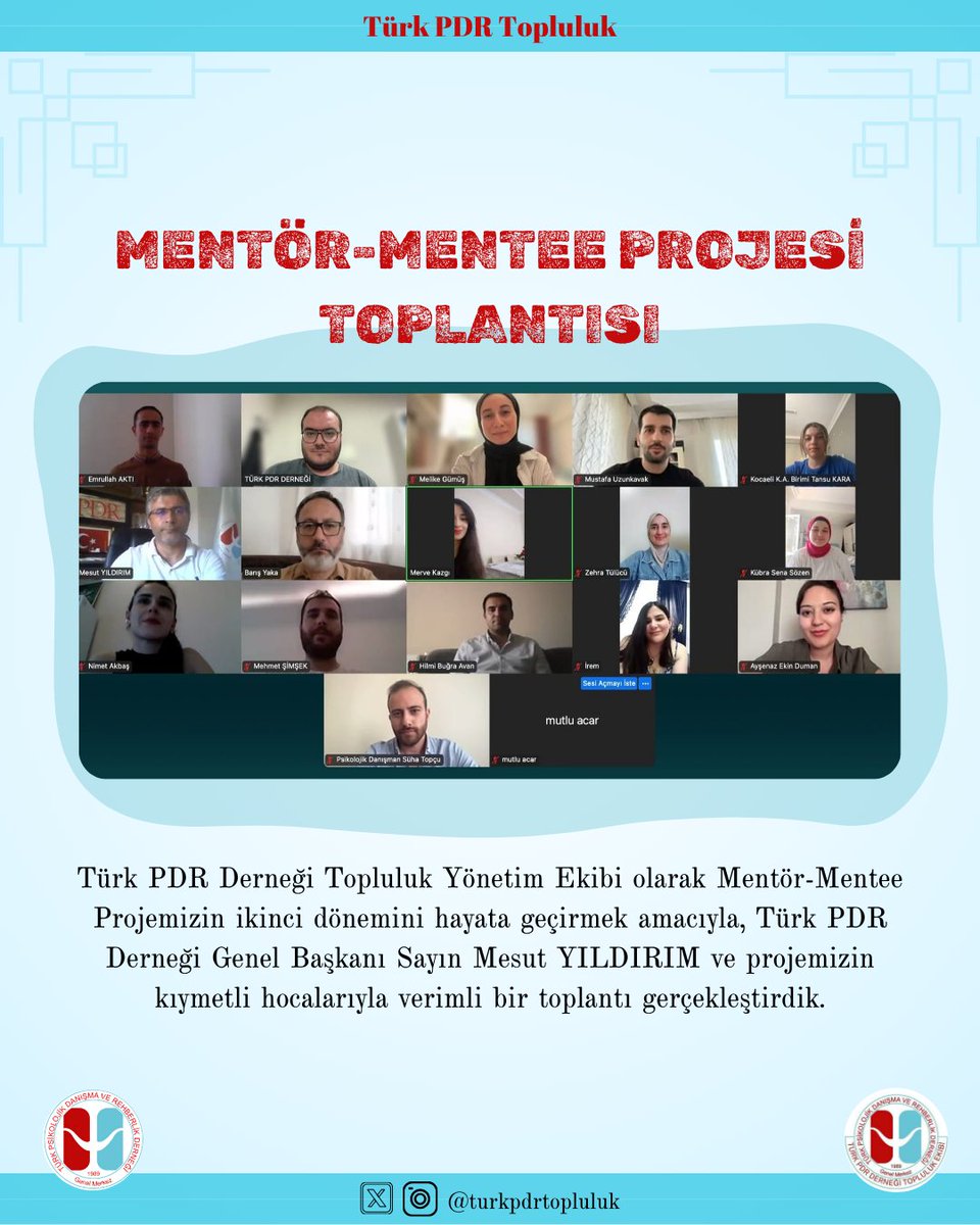 Türk PDR Topluluk (@turkpdrtopluluk) on Twitter photo Türk PDR Topluluk Ekibi olarak Mentör-Mentee Projemizin ikinci dönemini hayata geçirmek amacıyla Genel Başkanımız Sayın Mesut Yıldırım ve projemizin kıymetli hocalarının katılımıyla verimli bir toplantı gerçekleştirdik.
<a href="/turkpdrdernegi/">Türk PDR Der- Psikolojik Danışma ve Rehberlik</a>
<a href="/turkpdrtopluluk/">Türk PDR Topluluk</a>
<a href="/mesutyldrm_pdr/">Mesut YILDIRIM</a> Türk PDR Topluluk Ekibi olarak Mentör-Mentee Projemizin ikinci dönemini hayata geçirmek amacıyla Genel Başkanımız Sayın Mesut Yıldırım ve projemizin kıymetli hocalarının katılımıyla verimli bir toplantı gerçekleştirdik.
<a href="/turkpdrdernegi/">Türk PDR Der- Psikolojik Danışma ve Rehberlik</a>
<a href="/turkpdrtopluluk/">Türk PDR Topluluk</a>
<a href="/mesutyldrm_pdr/">Mesut YILDIRIM</a>