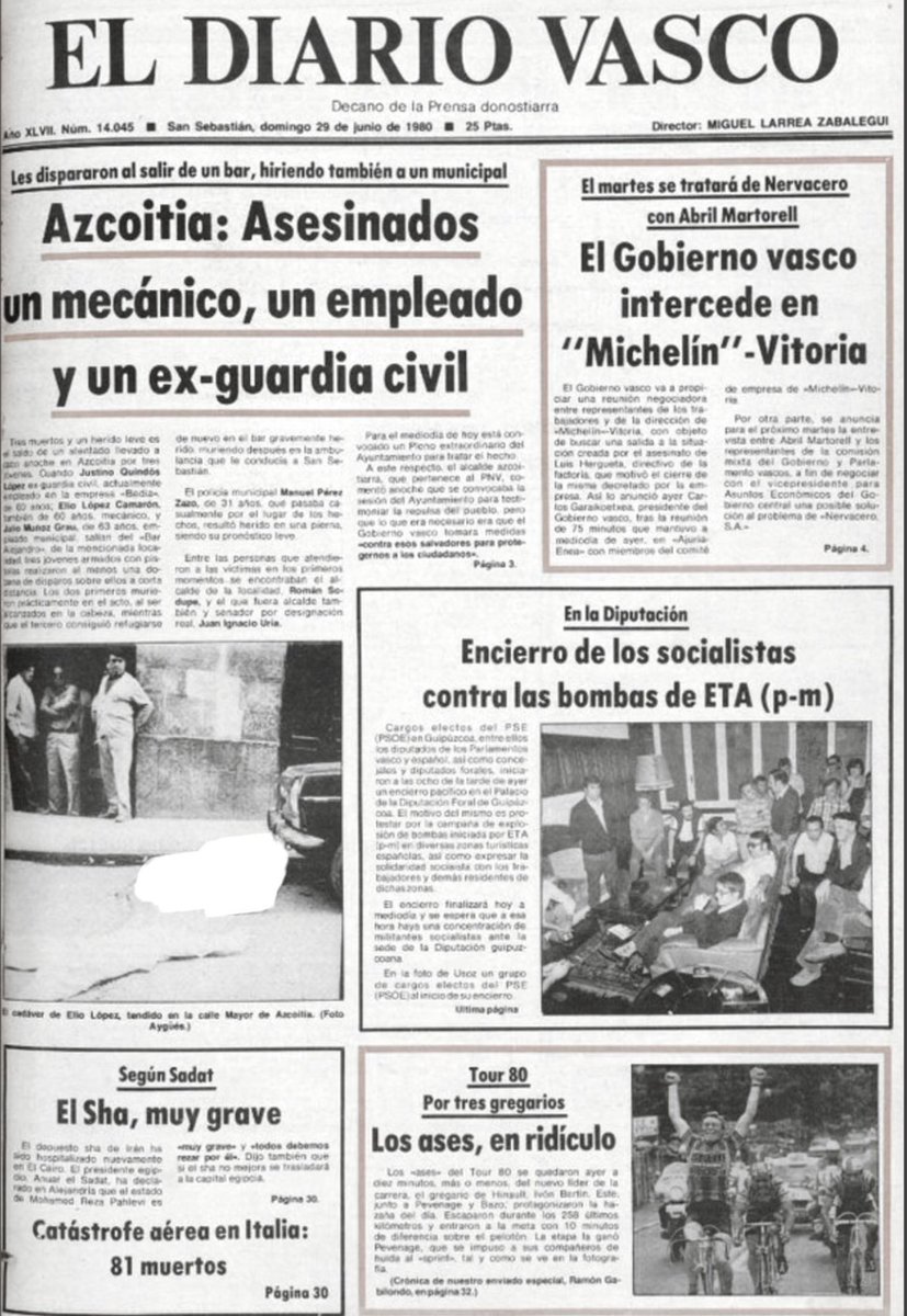 Como todos los días os juntáis los amigos para txikitear, a la salida del bar cuatro terroristas de #CCAA os esperaban y os matan.
Ocurrió en #Azkoitia en 1980 #TalDiaComoHoy 
Se llamaban:

ELIO LÓPEZ, mecánico
JULIO MUÑOZ, funcionario y
JUSTINO QUINDOS, portero de fábrica 

🧵