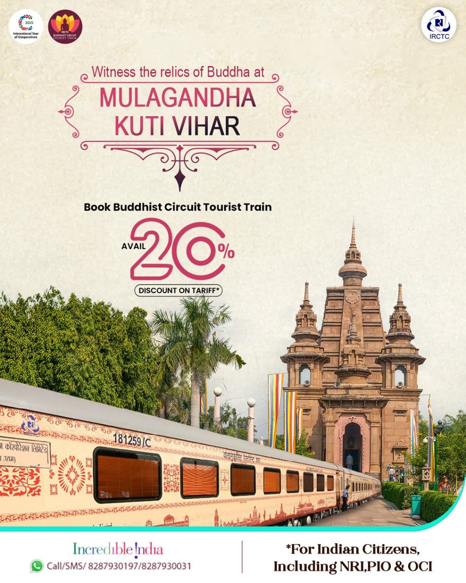 Capture a glimpse of the relics of Lord Buddha at the prominent Mulagandha Kuti Vihara. Book the #BuddhistCircuitTouristTrain and immerse in the astounding beauty of this holy site. 

Avail 20% discount on tariff for Indian Citizens, including NRI, PIO &amp; OCI. 

Departure dates: