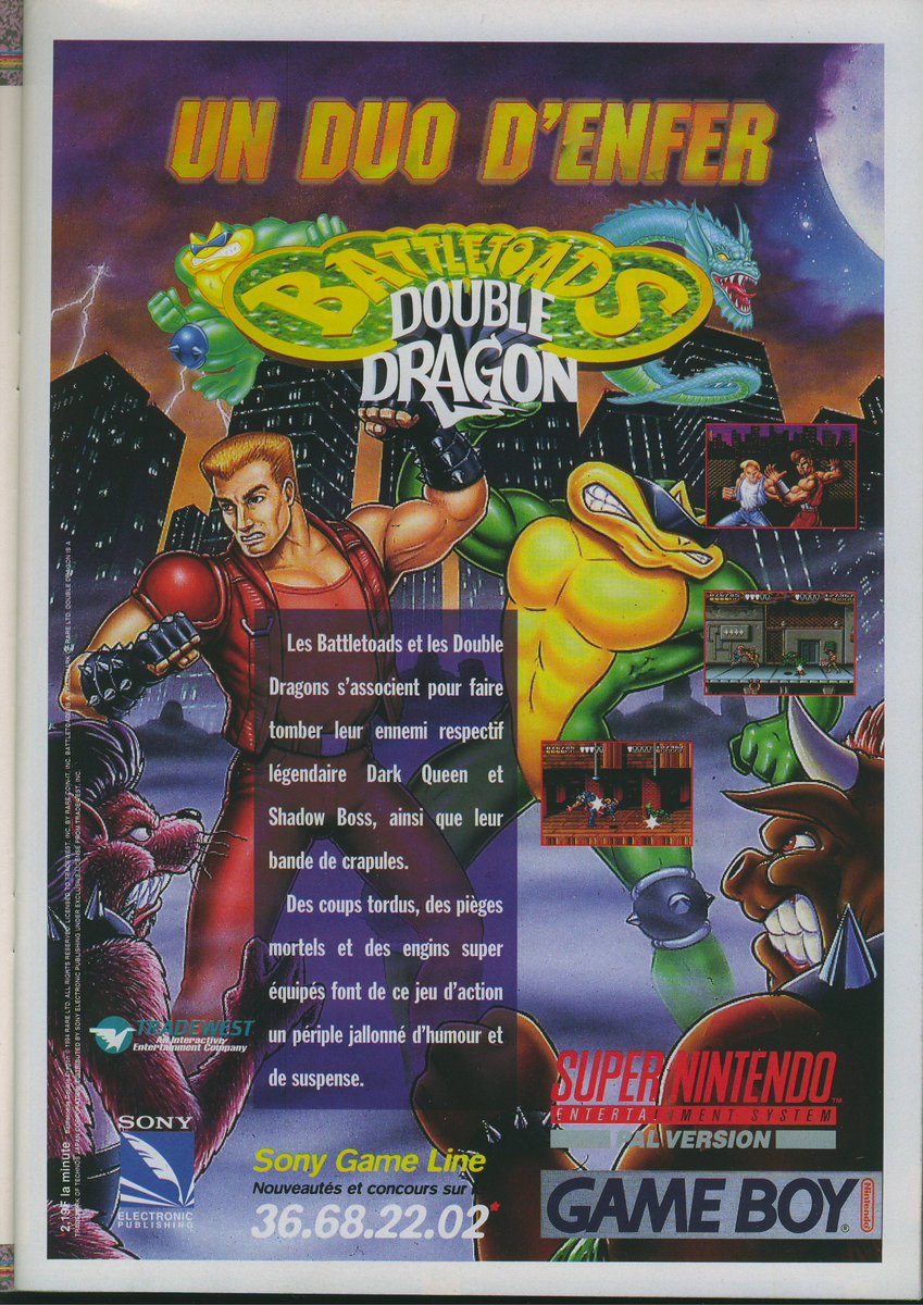 AllmightoFranky's tweet image. La publicité papier du jour,bonjour!Aujourd'hui des pubs vues dans les pages d'un #NintendoPlayer de 1994!De la #Supernes avec #StreetRacer,#Claymates et #SmashTennis et le CrossOver #DoubleDragon et #BattleToads sur #Snes et #GameBoy!! #retro #retrogaming #culturepub #80s #90s