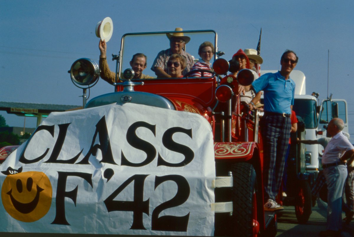 A shout out to reunion classes preparing to gather next week! What do you all have planned? Enjoy the company of your classmates, and hope to see you in the parade. (Image from 1982)